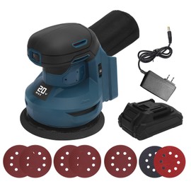 WODHMIEY 20V Cordless 5 Orbital Sander, Dust Collection Bag, Random Orbit Sander with 12 Pcs Sandpapers, 2.0Ah Battery, 6000-12000RPM, 6 Variable Speed, Fit for M Akita 18V (US