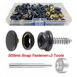 Unbranded 50 sets Fastener Snap Press Stud Cap Buttons With 2 Tools for Marine Boat Canvas - Black, Stainless Steel