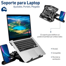 Bluelander Soporte para Laptop con Soporte de Celular, Soporte Laptop, Soporte 2 en 1, Soporte para Laptop con Ventilador, Base Giratoria 360º, 8 Posiciones Ajustables de Altura, Ergonómica