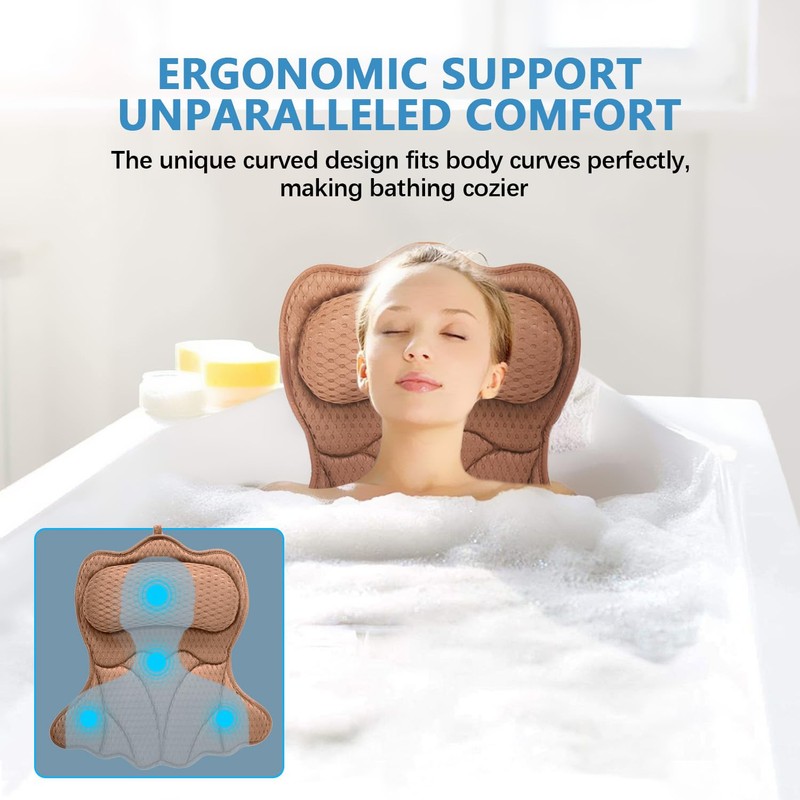 REEZEIVI Bath Pillows for Tub,Bath Pillow with 6 Non-Slip Suction