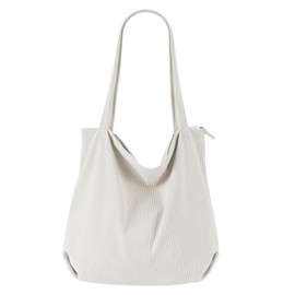 DAWRIS White Corduroy Tote Bag Cord Tote Bag Totebag Large Capacity Handbags Shoulder Bags with Zip for Women Ladies Girls Casual Shopper Bags for Work School College Daily Use