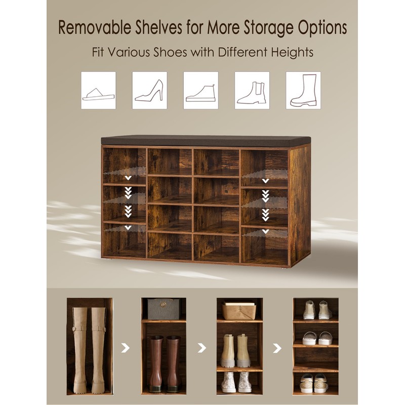 DINZI LVJ Shoe Storage Bench with Cushion, 14-Cubby Shoe Rack,