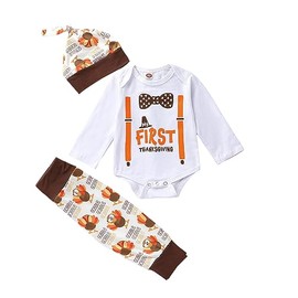 Baby Boys Girls My First Thanksgiving Turkey Long Sleeve Baby Romper Bodysuit Pants + Hat 3 Piece Outfit Set Newborn Infant(Bow tie,3-6M)