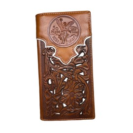 Western Stakes Mexican 50 Peso Embossed Leather Long Wallet Floral Cutout Layered Checkbook Style Cowboy Hand Crafted High End Mens Wallets Leather Gifts For Men (Brown & White)