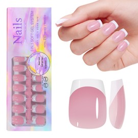 French Gel Nail Tips, 150pcs Short Square Press on Nails Soft Gel Fake Nails, 3 in 1 X-coat Pre-Applied Tip Primer & Base Coat, 15 Sizes for DIY Nail Extension, No Filing Required (HJ-NT087-No.4)