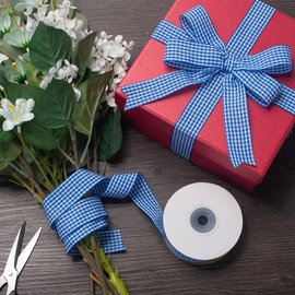 GHGMAO Blue and White Gingham Ribbon，Taffeta Plaid Ribbon 1 Inch x 25 Yards, Blue Checkered Ribbons for Gift Wrapping, Picnic, DIY Crafts, Wreath, Wedding, Home Decor