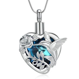 Hummingbird Urn Necklace for Ashes Heart Cremation Jewelry for Women Men Stainless Steel Memorial Necklaces Ash Holder for Human Pets Keepsake Jewelry for Loved Ones with Fill Tool (Blue+Silver)
