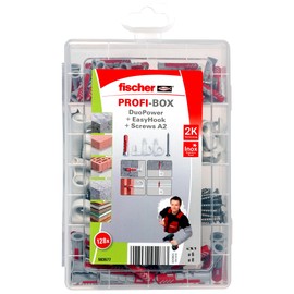 fischer Professional Box DuoPower + EasyHook + Screw A2, Set of Various DuoPower Dowels, Hooks, Cover Caps and Screws, Flexible Screw Hooks for Mounting in Numerous Building Materials, 128 Pieces