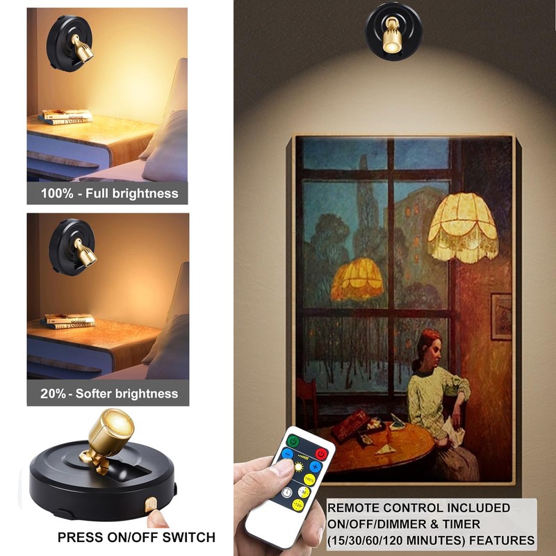 RAHAN Wireless LED Spotlight, 2Pack Battery Powered Picture Lights Puck