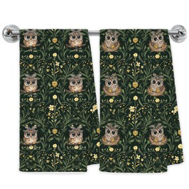 Exqcom Vintage Owl Kitchen Towels, Dark Moody Floral Botanical Dish Tea Towels for Kitchen Decor, Dark Cottagecore Owl Hand Towel for Bathroom Decor, 16x24 Inch Set of 2