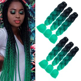 Jumbo Braids Hair, Crochet Ombre Braiding Hair, 6 Pieces, Kanekalon Hair Braiding Extensions for Crochet, Twist (Black to Green)