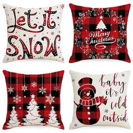 AUMA Set of 4 Christmas Throw Pillow Covers 18x18 inch Christmas Winter red Black Plaid Check Decorative Pillow Cover Garden Cushions for Couch Home Farmhouse Decor