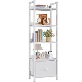 Furologee Furologee 5 Tier Bookshelf with Drawer, Tall Narrow Bookcase with Shelves, Wood and Metal Book Shelf Storage Organizer, Modern Display Standing Shelf Unit for Bedroom, Living Room, Office, White