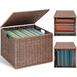 Extra Large Decorative File Box 18×16×13in Seagrass Wicker File Box Organizer for Letter & Legal Size Hanging Filing Basket with Lid Document Folder Cabinet Home Office(Dark Brown,Paper Rope)