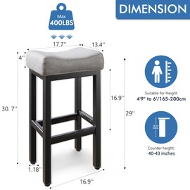 29 Inch Bar Height Bar Stools Set of 2, 29" Barstools for Kitchen Island Counter, Backless Bonded Leather Bar Height Stools with Thick Saddle Seats & Heavy Duty Metal Base, Easy Assembly, Gray/Black