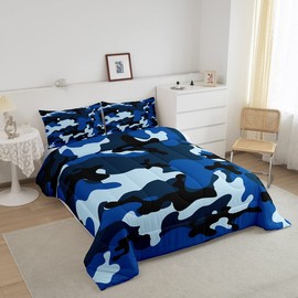 Feelyou Kids Camo Comforter Set Boys Army Camouflage Lightweight Bedding Set Teens Youth Man Colorful Pattern Art Decor Comforter Dark Blue Quilt Set Room Decor 3Pcs Full Size