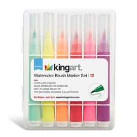 KINGART 405-12 Brush Tip Watercolor Illustration Markers With Case, 12 Colors, Wide Barrel for Easy Hold, Water-based Non-Toxic Ink, Soft Flexible Tip for Graphic, Sketch, Comic Art, Manga & Lettering