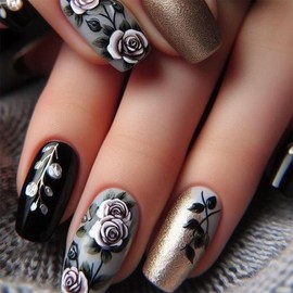 Black Flower Acrylic Press on Nails Medium Coffin Fake Nails with Glossy Designs Gold Glitter Full Cover Stick on Nails Reusable Glue on Nails Cute Holiday False Nails for Women DIY Art 24Pcs
