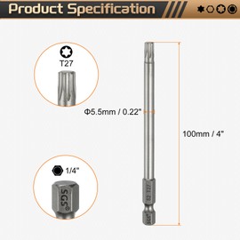 HARFINGTON T27 Torx Head Screwdriver Bit 1/4" Hex Shank 4" (100mm) Long Magnetic No Hole Tip Tamper Proof 6 Point Star Screw Driver Drill Bits S2 Steel Industrial Power Screwdrivers
