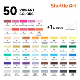 Shuttle Art Alcohol Markers Brush tip, Dual Tip Brush & Chisel Tip Art Marker Set, 50 Colors plus 1 Blender Permanent Marker Pens with Case Perfect for Illustration Students Adults Coloring