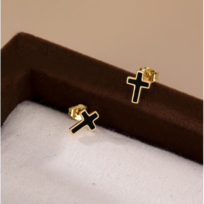 Reffeer Solid 925 Sterling Silver Cross Stud Earrings for Women