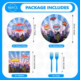96Pcs Super Theme Hero Party Decorations Blue Hero Cityscape Plates and Napkins Sets Hero's Theme Comic City Party Decorations Favor for Boys Girls Spider Video Game Fun Birthday Supplies Serves 24