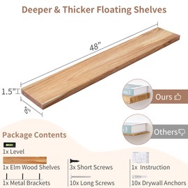 Axeman Rustic Elm Wood 48'' Floating Shelves for Wall, 8" Deep Wall Shelf with Invisible Bracket, Large Long Wall Mounted Storage Shelves for Living Room, Bedroom, Kitchen, Bathroom Decor, Natural