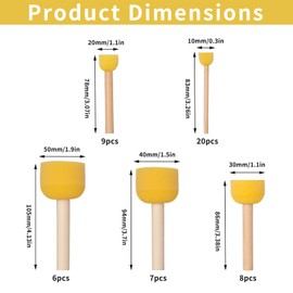 50 Pcs Round Foam Brushes - Washable Sponges with Wooden Handles (5 Sizes)