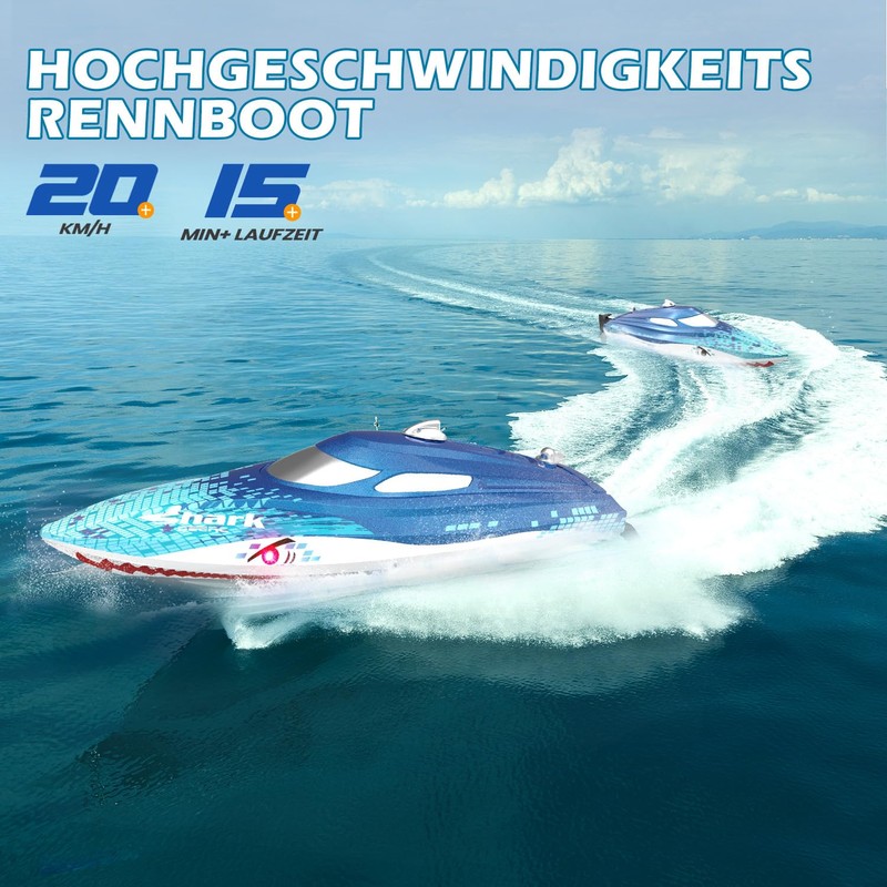 DEERC RC Boat with LED Light, Remote Controlled Shark Boat