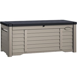 DWVO Large Deck Box 120 Gallon Waterproof Outdoor Storage Box, Extra Large Outdoor Storage Bin, Resin Louvered Patio Storage for Outdoor Pillows, Garden Tools & Pool Supplies, Lockable, Black&Brown