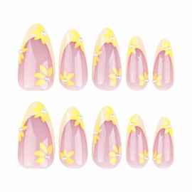 BABALAL Almond Press on Nails Medium Fake Nails Yellow Summer French Tip Glue ons Nails Daisy Pearl Design Acrylic Nails 24Pcs Stiletto False Nails
