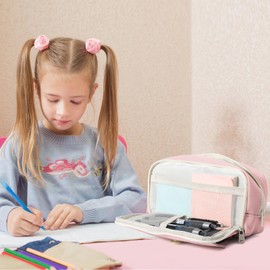 SYCYKA Estuche para Lápices de Gran Capacidad con 4 Compartimentos, Lapiceras Organizadoras Aesthetic, Estuche para Lapices Niña, Estuches para Escolar, Oficina, Trabajo (Rosa)