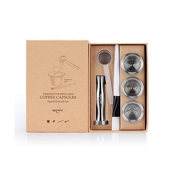 RECAPS Stainless Steel Refillable Filters Reusable Pods Compatible with Nespresso Original Line Machine BUT NOT All (3 Pods+120 Lids+1 Tamper)