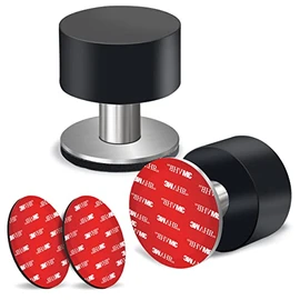 Paquete de 2 topes de puerta con calcomanías adicionales, topes de puerta autoadhesivos con parachoques de goma negra y cuerpo de acero inoxidable, pr