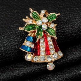 Unbranded Holly and Bells Crystal Rhinestone Christmas Brooch Pin with Gold Bag