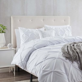 White Duvet Cover Queen Size 3 Piece Pintuck Comforter Cover - 1 Duvet Cover 90x90 Button Closure with 2 Pillow Shams - Ultra Soft Microfiber Bedding Pinch Pleated White Queen Duvet Cover Set