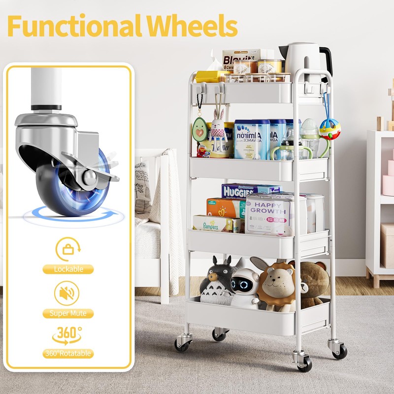 TOOLF 4-Tier Metal Rolling Cart with Wheels, Storage Utility Organizer
