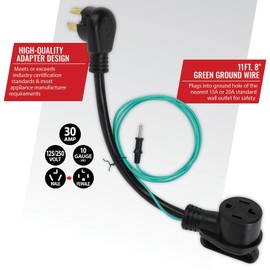 Certified Appliance Accessories 3-Prong to 4-Prong Dryer Plug Adapter, Convert 4 Prong Dryer Plug to 3 Prong Wall Outlet with Ground Wire 30A, 250V, 10AWG, 1.5-feet