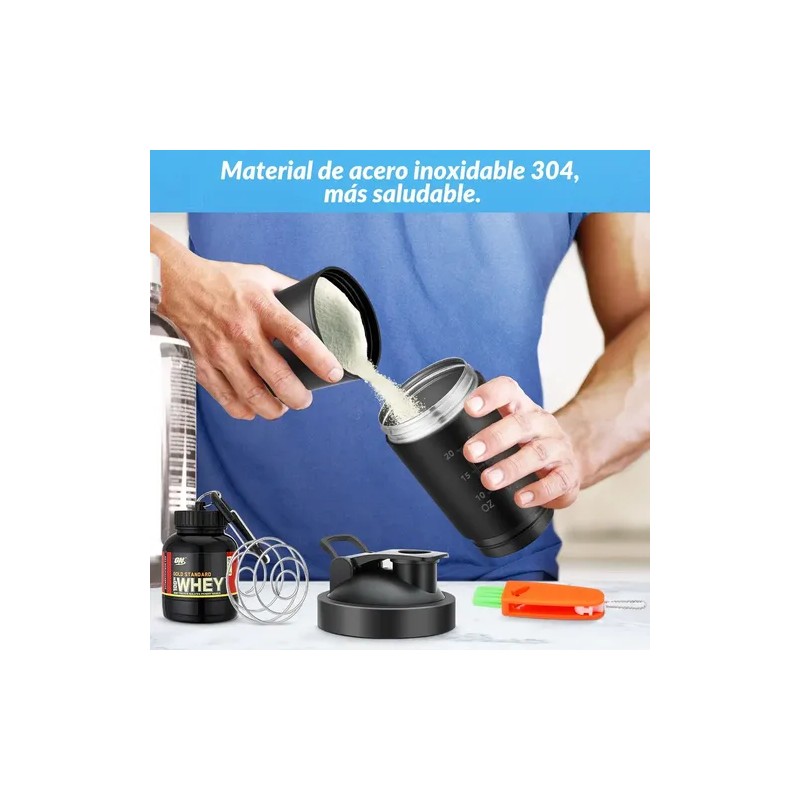 Shaker de Proteína HomeChi 700ml Acero Inoxidable Negro con Compartimento