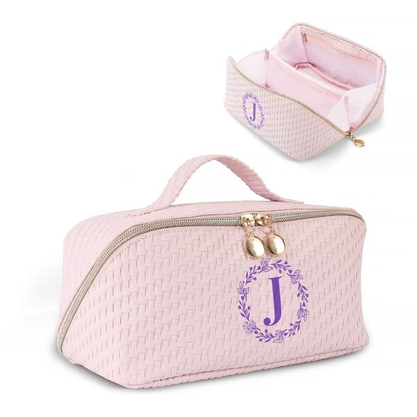 LUCKJOY Personalized Initial Makeup Bag for Women Letter Cosmetic Bag Large Capacity Travel Toiletry Bag Cute Pink Make Up Bag PU Leather Toiletry Pouch Birthday Gifts for Women Mom Bridesmaid- J