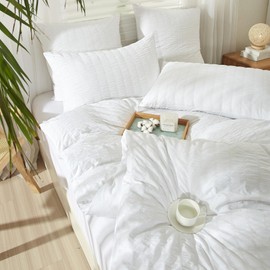 YASMENG Seersucker Duvet Cover 140 x 200 cm White Striped Seersucker Bedding Soft Breathable Microfiber Seersucker Bedding for Single Adult with Zipper with Pillowcase