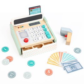 SOKA Wooden New Cash Register Classic Cashier Role Play Supermarket Shopping Checkout Money Till Toy Educational Learning Pretend Playset for Kids Children Girls Boys 3 year old +