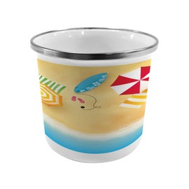 Ambesonne Beach Steel Camping Mug, Beach Waves with Umbrella Towels and Surfing Board Swimming Themed Summer Season, Printed Thermal Cup for Camping and Outdoor Activities, Multicolor