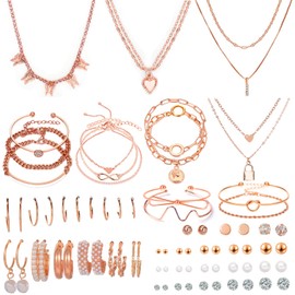 NEWITIN 74 Pieces Rose Gold Jewelry Set for Women Fashion Costume Jewelry Gold Plated Necklace Bracelet Rose Gold Earrings Set for Women