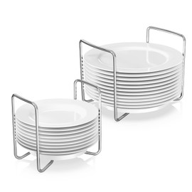 Piconico Plate Holder for Kitchen Drawer - 2Pcs White Bamboo Dish Racks for Kitchen Counter - Adjust 6.75" to 12.5" Stainless Steel Plate and Bowl Organizer for Cabinet, RV, Countertop (S&L)