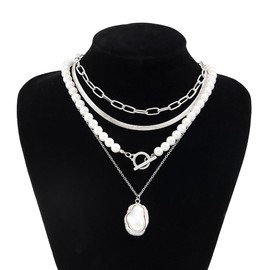 Octwine Boho Simple Layered Gold Silver Pearls Choker Necklaces for Women Stackable Gold Silver Chain Necklace Layering Pearls Pendant Trendy Gold Necklaces Set for Women (Silver)