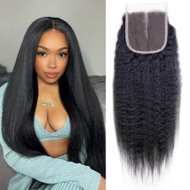 Sexycat Yaki Straight 4x4 Lace Closure Human Hair 18 Inch Kinky Straight Natural Hairline Ear to Ear Lace Closure Pre Plucked with Baby Hair Natural Color