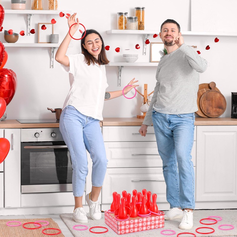 Leitee 33 Pcs Valentine Bottle Toss Game Bowling Set Red