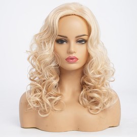 simkaylee Middle Length Blonde Wigs for Women Long Wavy Wig Synthetic Natural Shoulder Length Wig for 70s 80s Cosplay Halloween Daily Use (16 Inches)