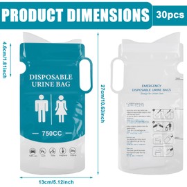 Urine Bags for On the Go, Pack of 30 Disposable Urine Bags 750 ml, Portable Urinal for Men Women, Pee Bag with Handle, Gel Urine Bag, Emergency Toilets for Travel, Camping, Travel, Travel, Traffic Jam